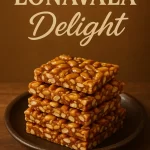 “Stack of Lonavala chikki squares on a brown plate labeled Lonavala Delight”