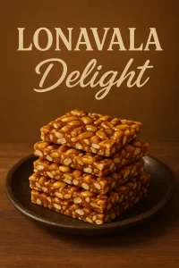 Exploring the Sweet Legacy of Lonavala Chikki: A Timeless Treat on Your Getaway 1 “Stack of Lonavala chikki squares on a brown plate labeled Lonavala Delight”
