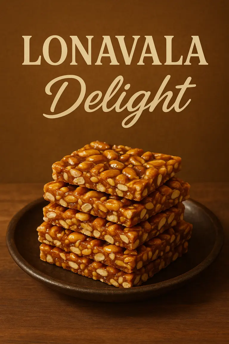 “Stack of Lonavala chikki squares on a brown plate labeled Lonavala Delight”