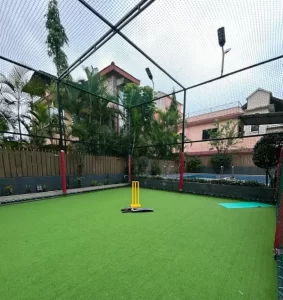 Well-maintained artificial turf with stumps and bat setup - Misty Palace Villa, Lonavala