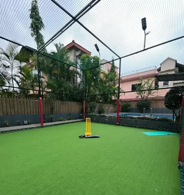 Well-maintained artificial turf with stumps and bat setup - Misty Palace Villa, Lonavala